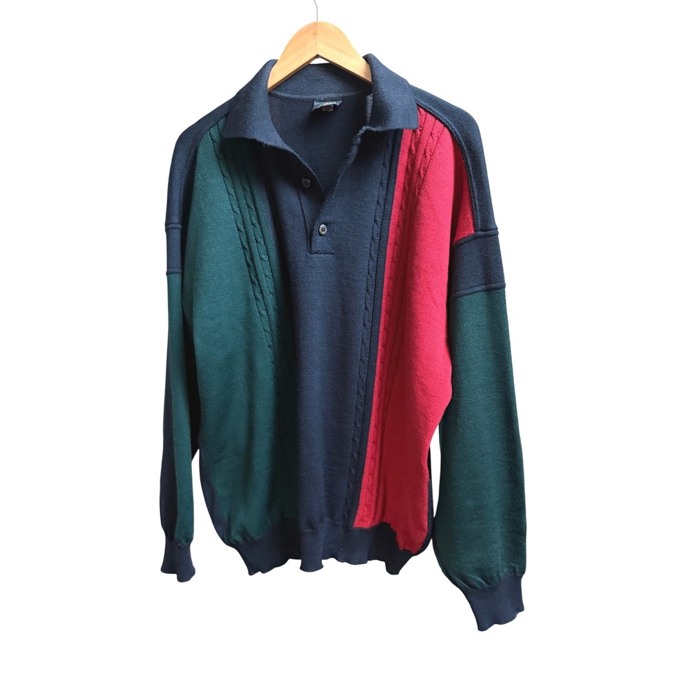 Vintage Clipper Denmark Wool Blend Colorblock Polo Sweater 80s Mens Unisex XL